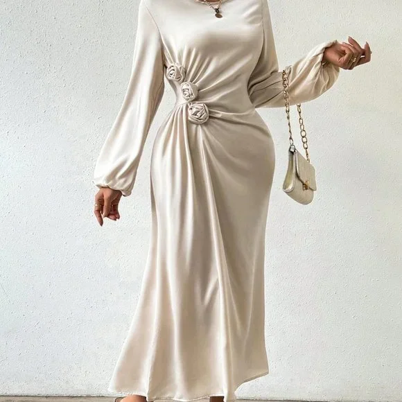 Apricot Preppy WomensWomen's Round Neck 3d Flower Decorated Lantern Sleeve Dress - Picture 4 of 5